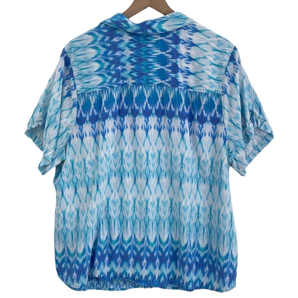 Oversized Camp Shirt Short Sleeve Button Up Blue White Ikat Print | Small/Medium - Picture 6 of 7